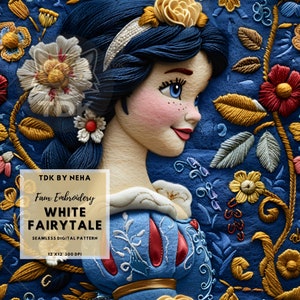 Weiß Prinzessin Faux Stickerei Nahtlose Digital Papier Stoff Druck, Fair Snow Princess Magische 3D-nahtlose Muster-Wiederholung Sublimation Design