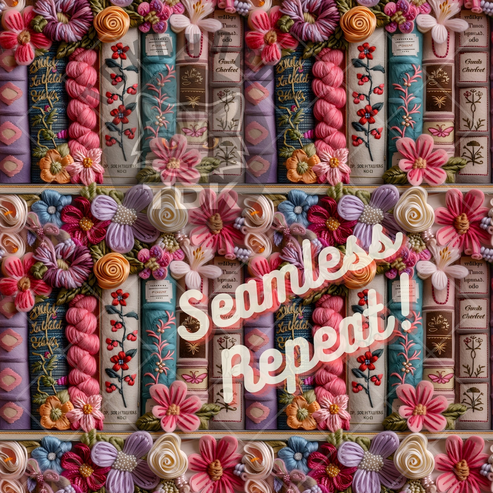 Boho Bookish Seamless Pattern 3D Reading Faux Embroidered Digital Paper ...