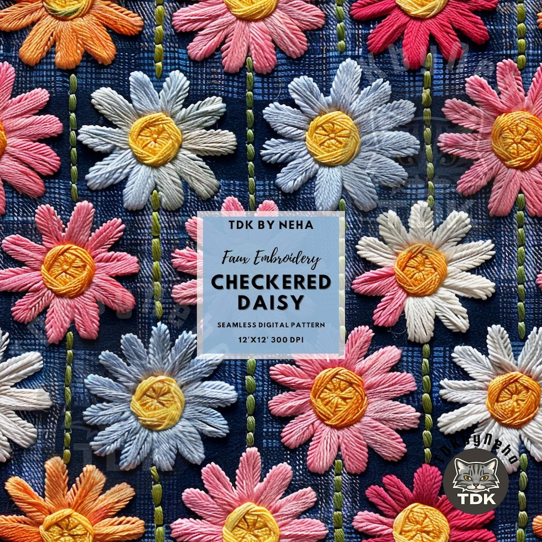 Denim Checkered Groovy Daisy Seamless Pattern Repeat File for Fabric ...