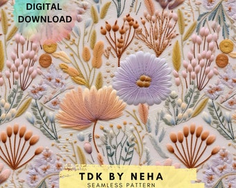 Boho Vintage Floral Embroidery seamless pattern, Pastel Cottagecore boho Pattern, Floral seamless Digital Paper repeat file for Sublimation