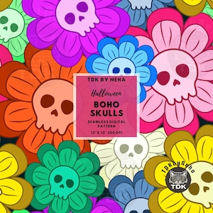 Halloween Boho Skull Seamless Pattern Digital Paper for Fabric Printing, Cute Girly Neon Floral Seamless Repeat Sublimation Design Wallpaper
