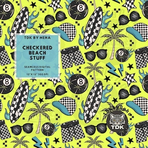 May include: Seamless digital pattern with a bright yellow background featuring checkered surfboards, shorts, sunglasses, and palm trees. The design includes a checkered baseball cap, lightning bolts, stars, and a pool ball with the number 8.
