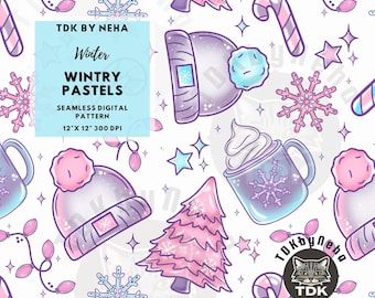 May include: A seamless digital pattern featuring winter-themed illustrations in pastel colors. The design includes hats, snowflakes, Christmas trees, candy canes, and mugs with whipped cream. The text reads "Winter Wintry Pastels" and "12" x 12" 300 DPI".