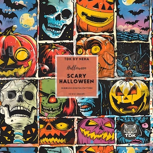 May include: A seamless digital pattern featuring a variety of Halloween-themed illustrations, including pumpkins, skulls, and monsters. The pattern is in a bright, colorful style with a retro comic book aesthetic. The text "TDK BY NEHA Halloween SCARY HALLOWEEN SEAMLESS DIGITAL PATTERN 12'X12' 300 DPI" is included in the design.