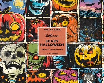 Retro Scary Halloween Patchwork Seamless Digital Paper Fabric Print, Halloween Collage Seamless Pattern Repeat Sublimation Design Wallpaper