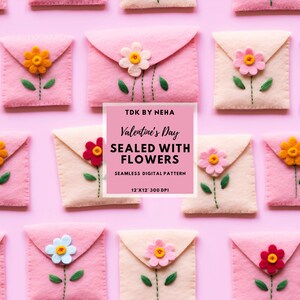 Sobre de San Valentín con patrón sin costuras, textura de fieltro con letras de amor florales, papel digital para impresión por sublimación bajo demanda, papel de regalo para bodas