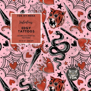 May include: Seamless digital pattern featuring edgy tattoo designs on a pink background. The design includes black daggers, cobwebs, snakes, hearts, stars, and a tiger with heart-shaped eyes. The text reads "Valentines EDGY TATTOOS".