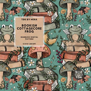 Floral Bookish Frog Cottagecore Seamless Pattern for Fabric Printing Reading Digital Paper Autumn Fall Book Sublimation book lover Wallpaper