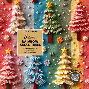 Carta digitale senza soluzione di continuità con albero di Natale al neon 3D per stampa su tessuto, strisce arcobaleno, albero di Natale 3D con glitter, design a sublimazione ripetuto senza soluzione di continuità