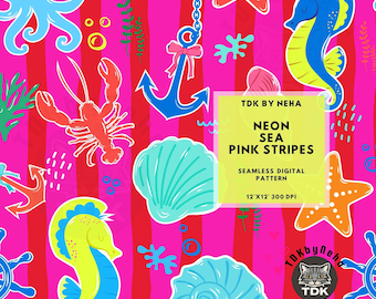 Coquette Bow Summer Sea Seamless Pattern Digital Paper for Fabric Print, Pink Stripe Ocean Seashell Beach Seamless Repeat Sublimation Design