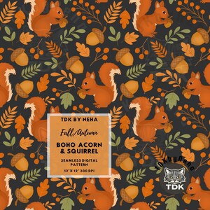 Fall Boho Squirrel and Acorn Seamless Repeat Pattern for Fabric Printing, Autumn Forest Animal Digital Paper Sublimation Wallpaper Gift Wrap