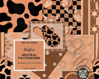 Gevlekte western patchwork naadloos digitaal papier voor stoffenprint, Highland Cow Azteekse cowboylaars en hoed naadloze herhaling sublimatieontwerp