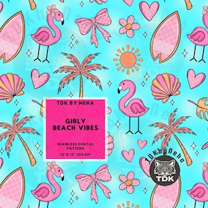 May include: A seamless digital pattern with a girly beach theme. The design features pink flamingos, surfboards, bows, flowers, hearts, palm trees, and seashells on a light blue background. The text "GIRLY BEACH VIBES" is included in the design. The pattern is 12" x 12" at 300 DPI.