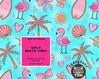 Summer Pink Beach Seamless Digital Paper for Fabric Printing, Preppy Girl Sea Flamingo Seashell Seamless Repeat Sublimation Design Wallpaper