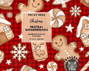 May include: A seamless digital pattern with gingerbread men, houses, snowflakes, and sweets on a red plaid backdrop. The design includes the text "Christmas Neutral Gingerbreads" and measures 30.48 cm x 30.48 cm.