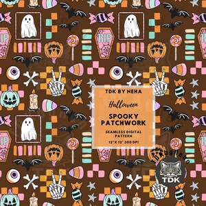 Papel tapiz digital sin costuras con estampado de patchwork de Halloween, lindo diseño de sublimación con patrón repetitivo de collage de Halloween para otoño