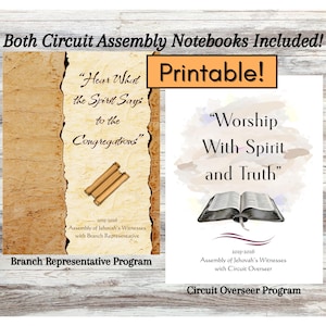 May include: Two printable notebooks for the Assembly of Jehovah's Witnesses. One notebook has the text "Hear What the Spirit Says to the Congregations" and the other says "Worship With Spirit and Truth". Both notebooks are for the years 2025-2026.