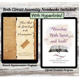 May include: Two digital notebooks displayed on tablets. The left tablet shows a design with the text "Hear What the Spirit Says to the Congregations". The right tablet displays "Worship With Spirit and Truth". Both include the text "Assembly of Jehovah's Witnesses".