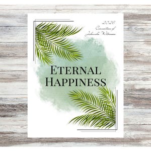 May include: A rectangular sign featuring the text 2026 Convention of Jehovah's Witnesses and ETERNAL HAPPINESS in black font. The design includes green watercolor accents and green palm leaf illustrations framed by thin black lines on a white background.