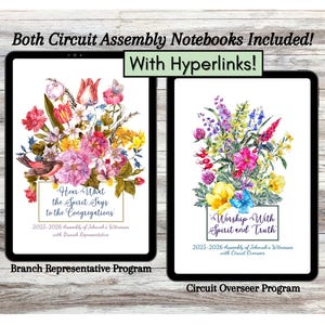 May include: Two digital notebooks with floral designs. One notebook has the text "Hear What the Spirit Says to the Congregations" and the other says "Worship With Spirit and Truth". Both include the text "2025-2026 Assembly of Jehovah's Witnesses".