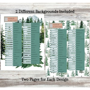 May include: Two printable pages with a list of Hebrew Scriptures. The background features a watercolor forest scene with evergreen trees. The text "2 Different Backgrounds Included" and "Two Pages for Each Design" are visible.