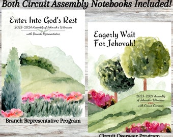 2023-2024 JW Circuit Assembly notebook - Enter Into God's Rest - Eagerly Wait For Jehovah - Green Hills theme with scriptures - PDF Download