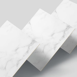 May include: Three white marble tiles with a subtle gray veining pattern, arranged in a staggered formation on a gray background.