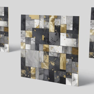 May include: Abstract geometric pattern with squares and rectangles in shades of grey, black, and gold. The pattern is reminiscent of a mosaic or tile design.