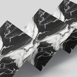 May include: Three black and white marble tiles with a swirling pattern. The tiles are arranged in a staggered pattern, with the top tile slightly overlapping the middle tile, and the middle tile slightly overlapping the bottom tile.