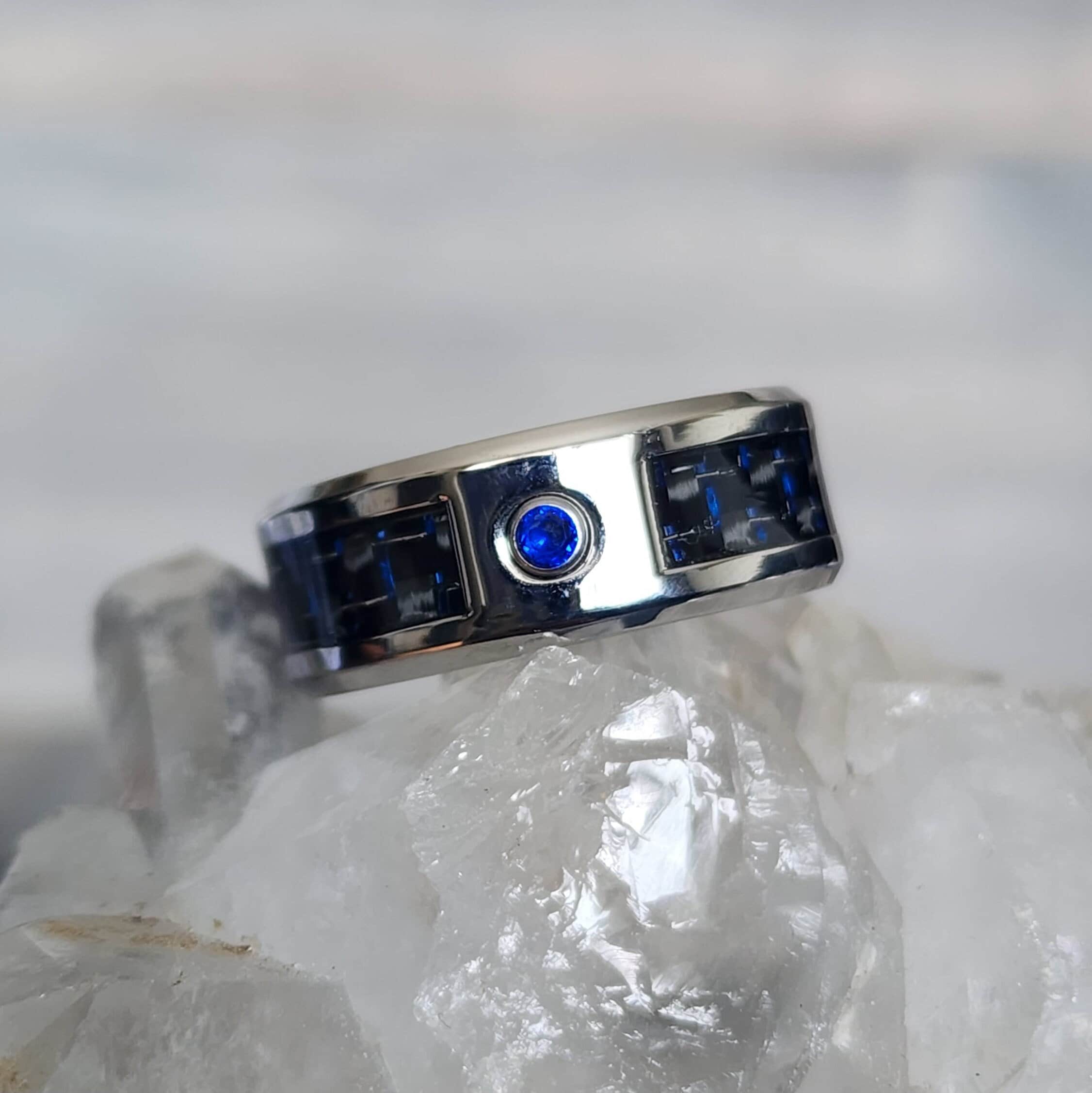 Tungsten Ring with Blue and Black Carbon Fibre Inlay, Blue Sapphire, Mens Wedding Ring, Engagement Ring, Mens Ring, Tungsten Ring, 8MM Ring