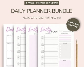 Undated Daily Planner Printable: Hourly Schedule, To-Do List (A4, A5, Letter)