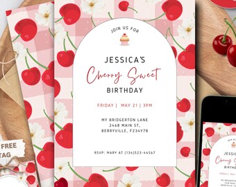 Cherry Birthday Invitation: Pink Gingham Party Template (Digital Download)