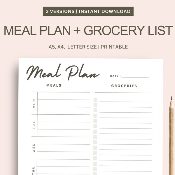 Weekly Meal Planner and Grocery List Printable Template, 7 Day Menu Plan and Food Shopping List, Health & Fitness diet planner, A4/A5/Letter