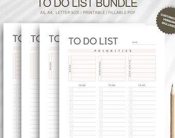 Printable To Do List Bundle: A4, A5, Letter Size (Fillable PDF)
