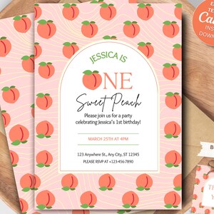 Peach Einladung zum ersten Geburtstag: süßes Mädchen einladen (Digital)