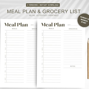 Weekly Meal Planner Printable: Grocery List, A4/A5/Letter (PDF)