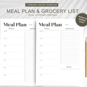 Weekly Meal Planner Printable: Grocery List, A4/A5/Letter (PDF)