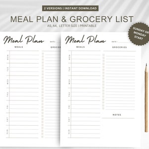 Weekly Meal Planner Printable: Grocery List, A4/A5/Letter (PDF)