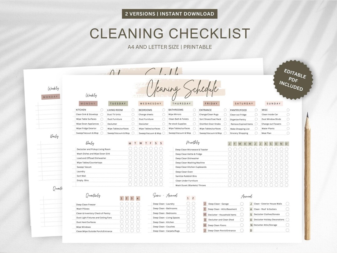Editable Cleaning Checklist: Weekly, Monthly, Annual Schedule ...