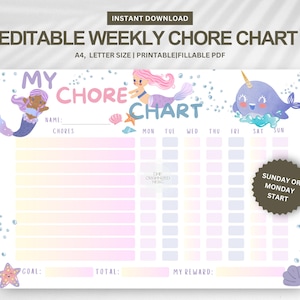 Kids Chore Chart, Family Chore chart, Reward chart, Chore List, Pink purple mermaid chore chart, chore chart for kids