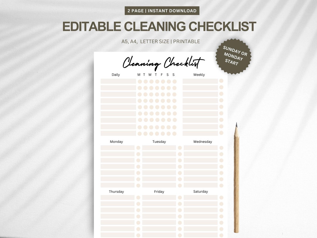 Editable Cleaning Checklist: Weekly Household Planner (printable) - Etsy