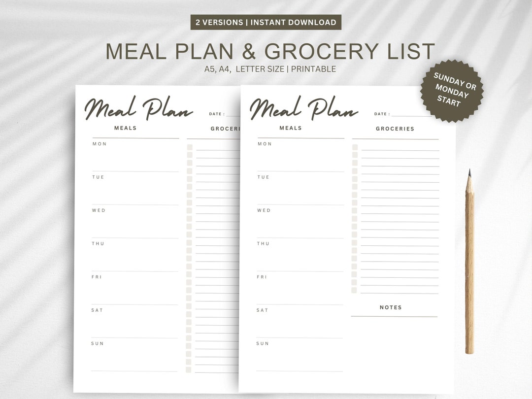 Weekly Meal Planner & Grocery List: A4/a5/letter Printable (PDF) - Etsy