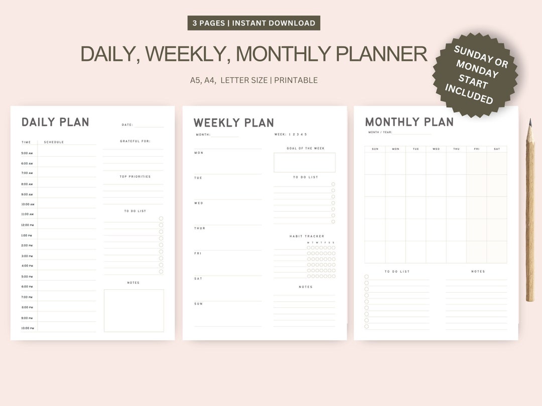 Daily Planner Weekly Planner Monthly Planner Printable - Etsy