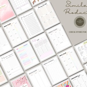 May include: A collection of printable planner pages with various designs and layouts. The pages include sections for meal planning, weekly schedules, to-do lists, habit tracking, brain dumps, and grocery lists. The pages are designed in a minimalist style with a pink and white color scheme.