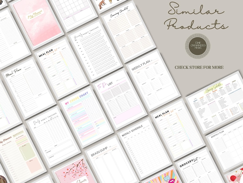 May include: A collection of printable planner pages with various designs and layouts. The pages include sections for meal planning, weekly schedules, to-do lists, habit tracking, brain dumps, and grocery lists. The pages are designed in a minimalist style with a pink and white color scheme.