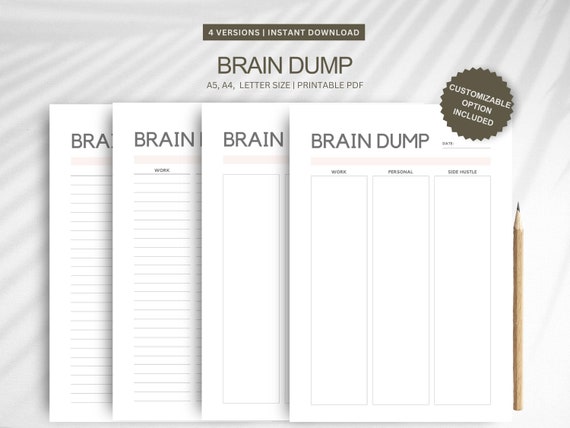 Brain Dump Printable: Thought Organizer Journal (A5, A4, Letter)