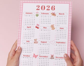 2026 Coquette Calendar, Pink Bow Gingham Design, 2026 full year calendar, One page calendar, Cute Calendar, Pink calendar, Planner insert