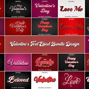 May include: A collection of Valentine's Day text effects in various styles. The designs feature words like "Lovely", "Valentine's Day", and "Love Me" in white, with red and black backgrounds. The text effects are suitable for digital design.