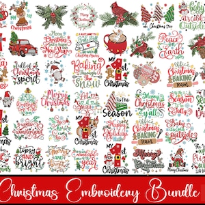May include: A collection of Christmas-themed embroidery designs. The designs include festive phrases, holiday characters, and seasonal imagery. The color palette features red, green, white, and gold. The text "Christmas Embroidery Bundle" is at the bottom.