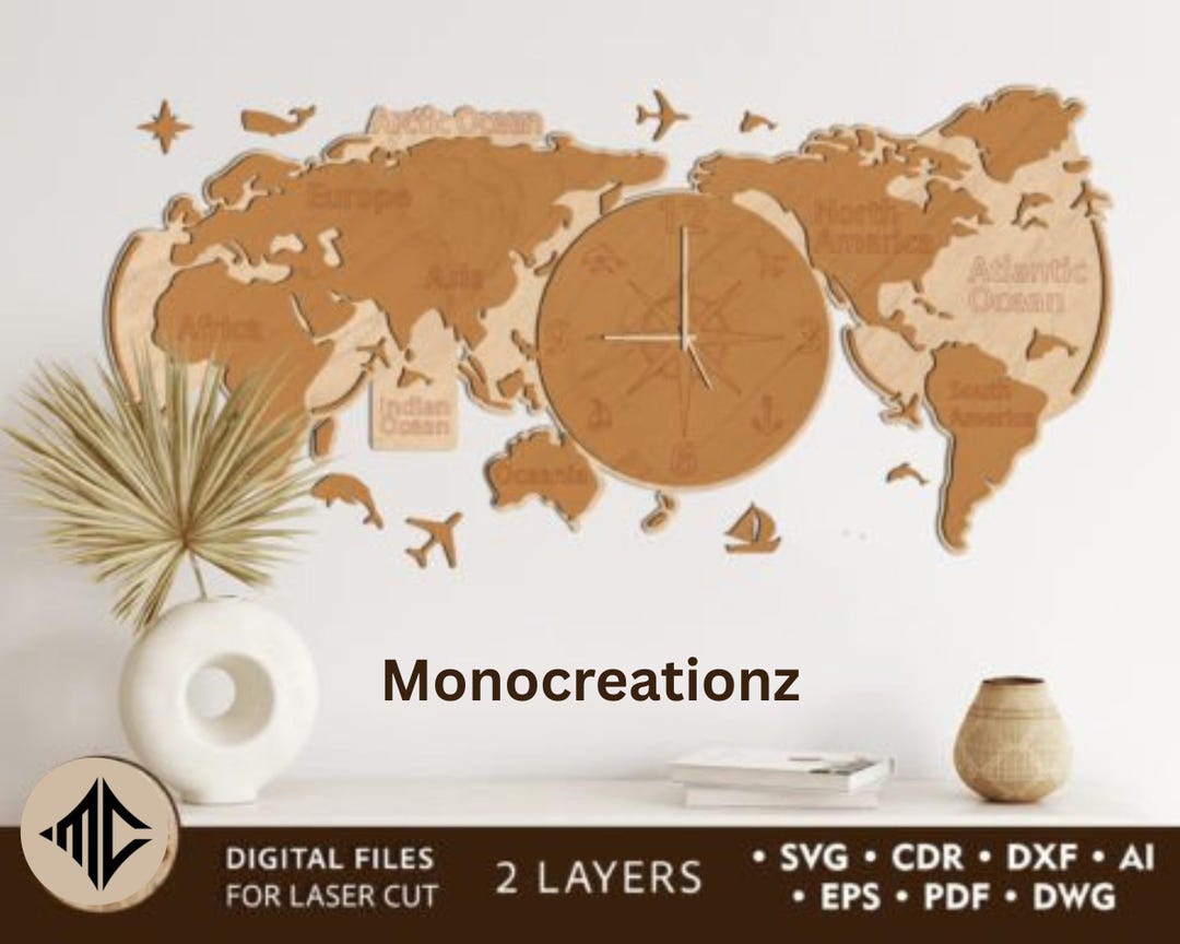Laser Cut World Map Clock: Engraved Layered Design (digital Download ...
